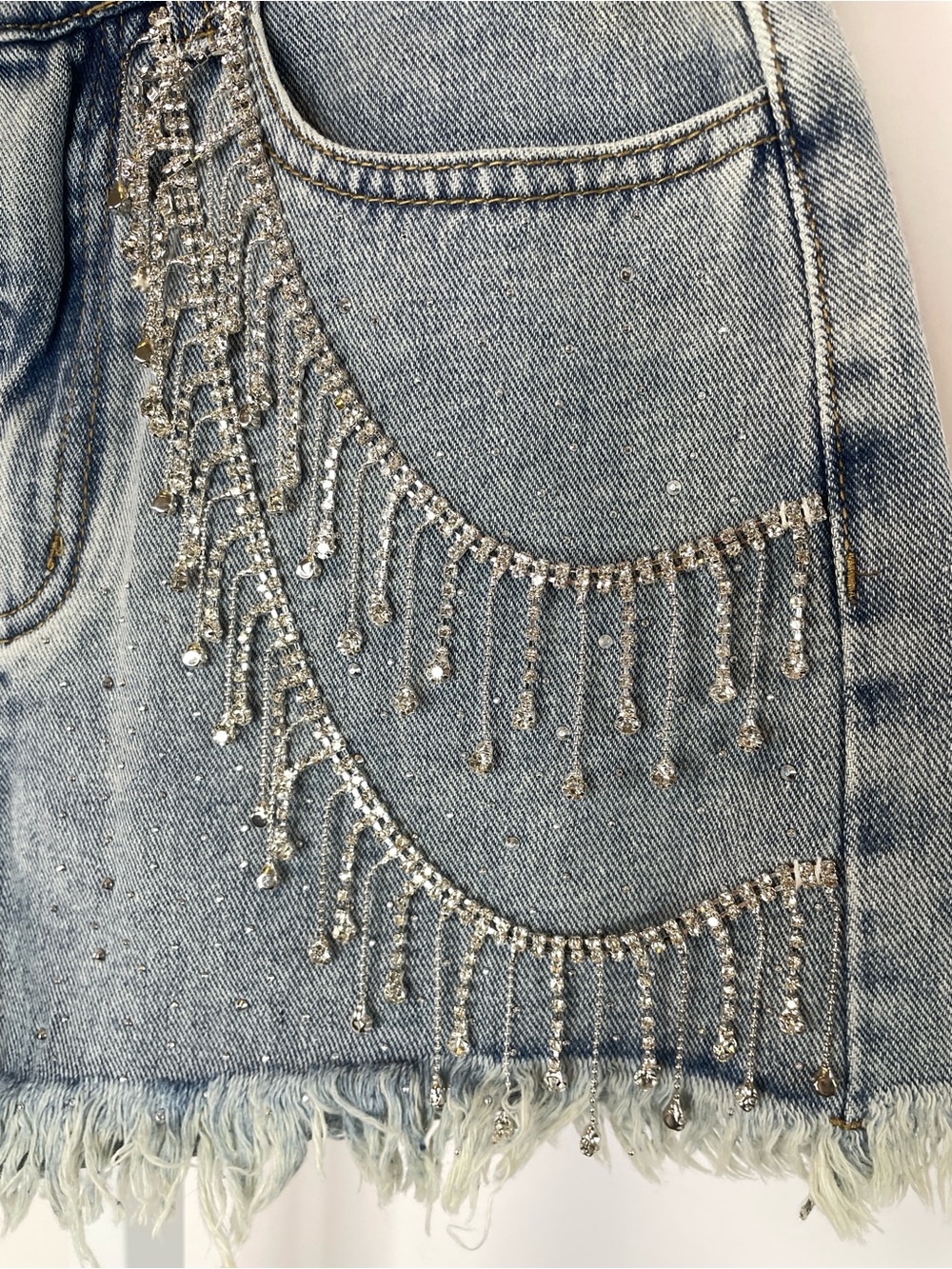12th Tribe | Love Thing Rhinestone Fringe Denim Cutoff Shorts Size XS - Picture 3 of 9